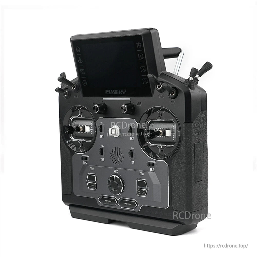 FLYSKY PL18 Ultra Paladin radio controller angled front view showing touchscreen tilt and control layout
