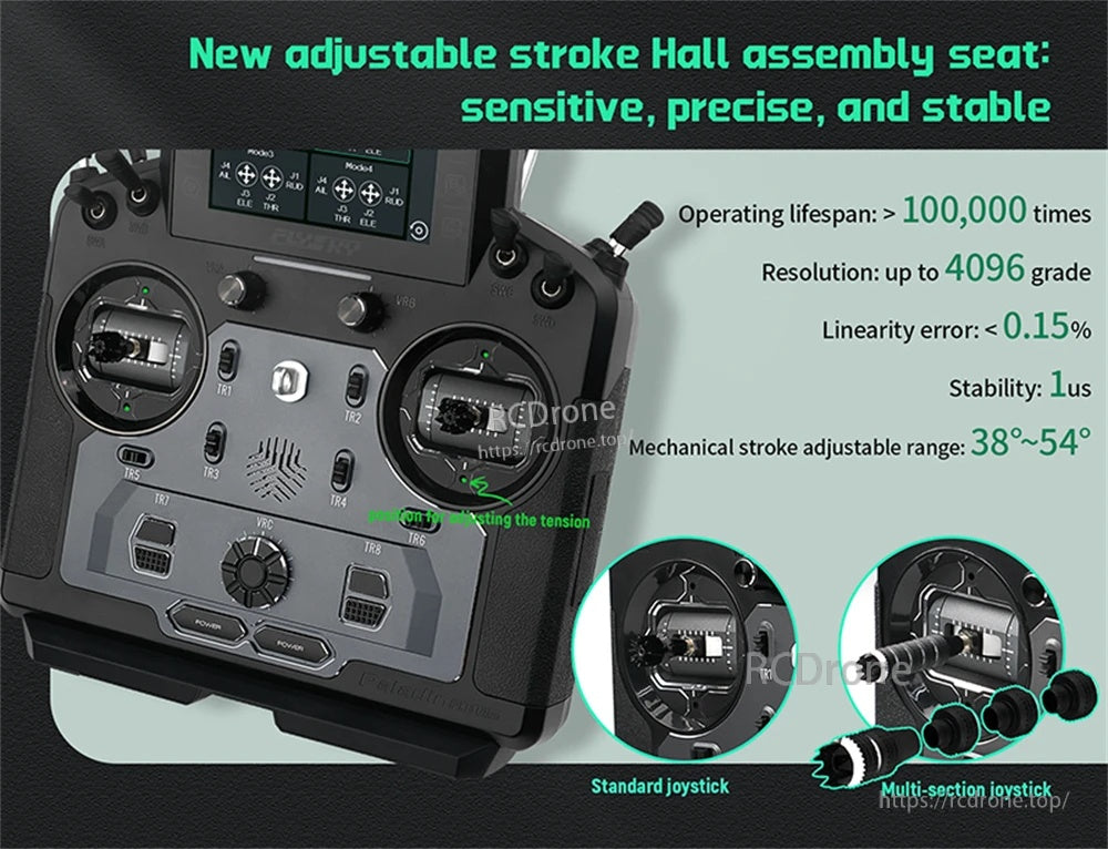 Hall gimbal assembly details with adjustable mechanical stroke and 4096 resolution specifications