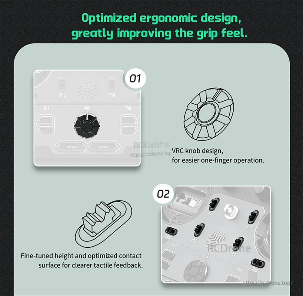 Ergonomic front controls highlighting VRC knob design for easier one-finger operation and tactile feedback