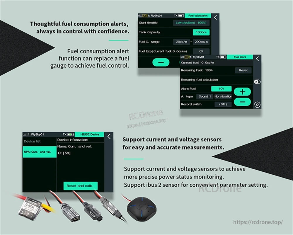 Sensor and fuel consumption alert UI screens with i-BUS 2 device examples and voltage/current monitoring