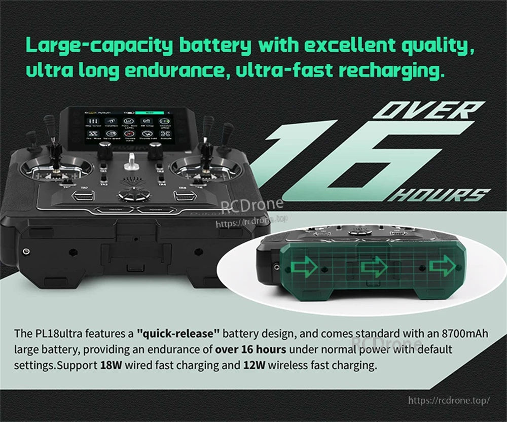 Quick-release 8700mAh battery and over-16-hours endurance with wired and wireless fast charging callouts