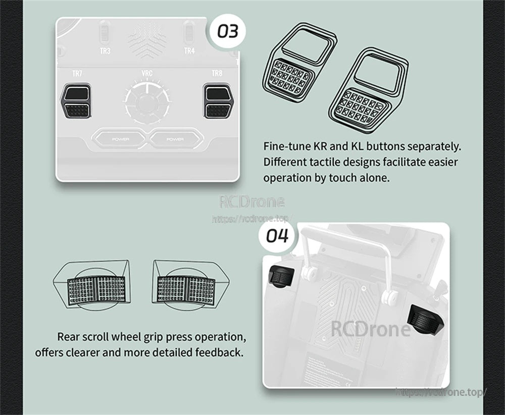 KR and KL button tactile design and rear scroll wheel grip-press operation callouts