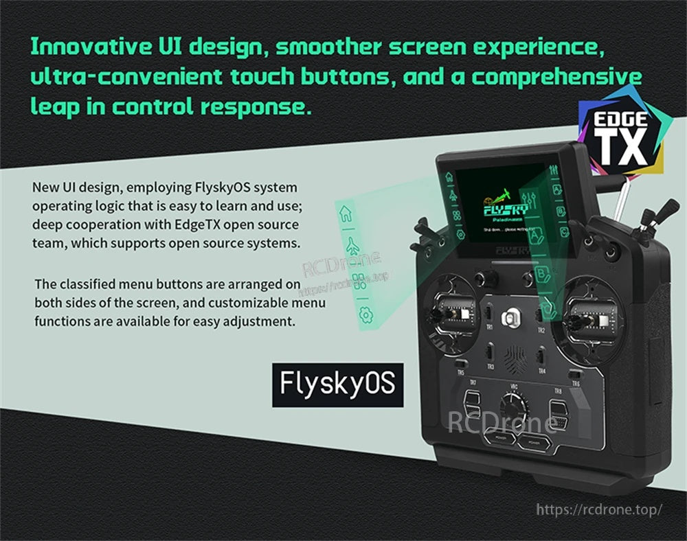 FlyskyOS UI concept with side menu buttons and EdgeTX cooperation highlighted on transmitter