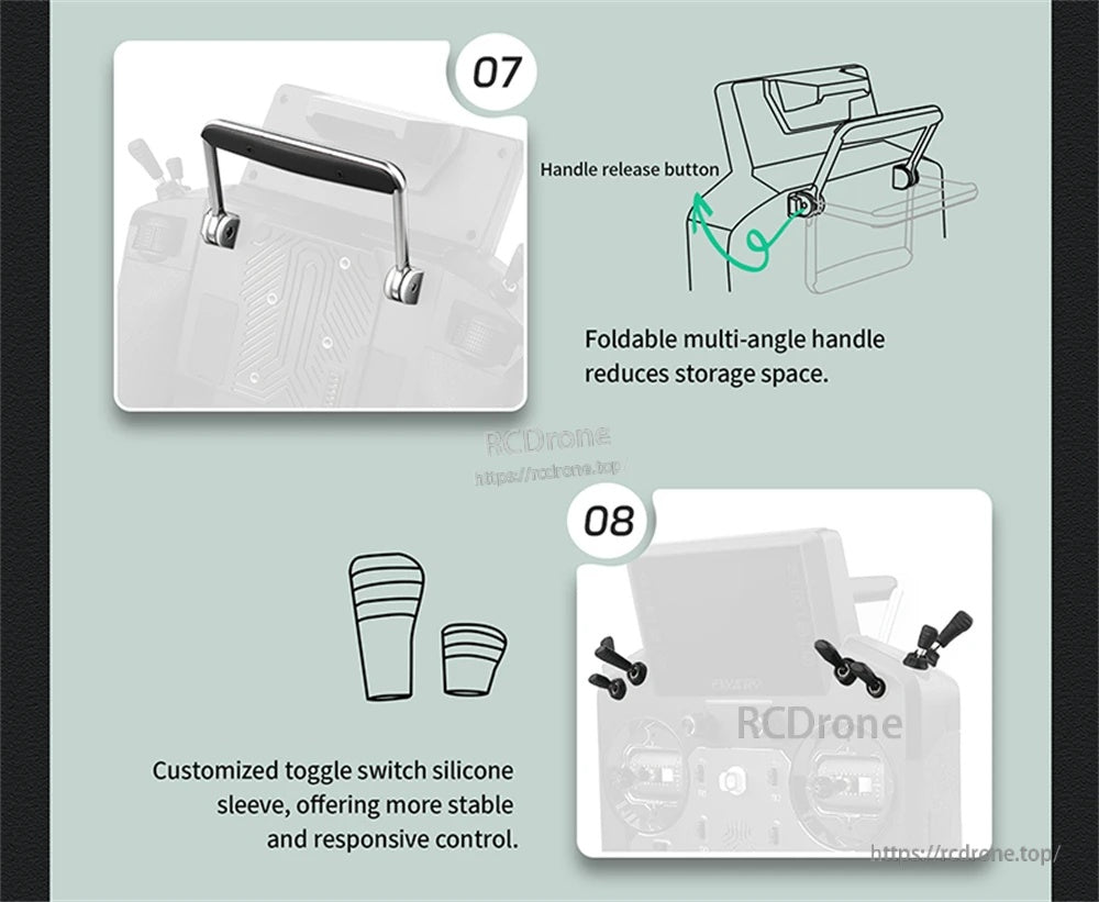 Foldable multi-angle handle with release button and silicone toggle switch sleeves for improved control
