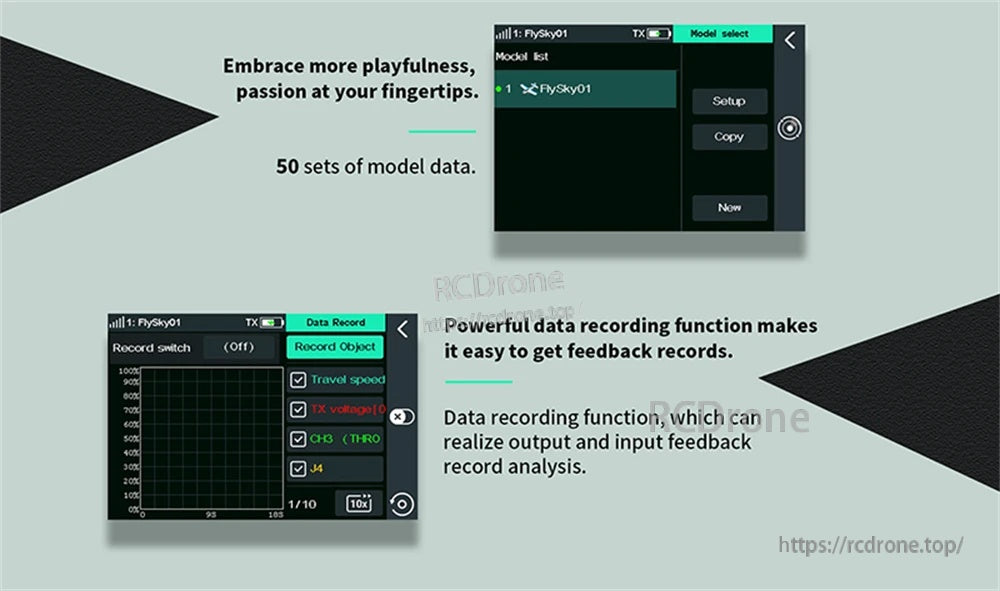 Model memory and data recording screens showing 50 model slots and record analysis functions