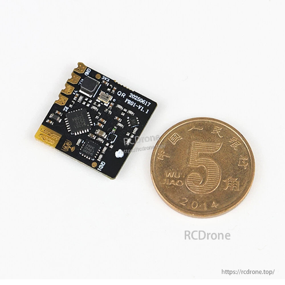 PR01 micro receiver size comparison next to a 5 jiao coin
