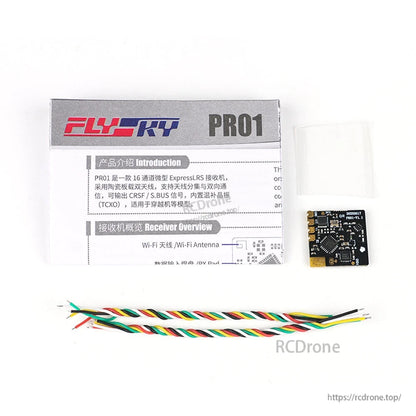 Included items: FLYSKY PR01 manual card, heat-shrink tube, receiver board, and color signal wires