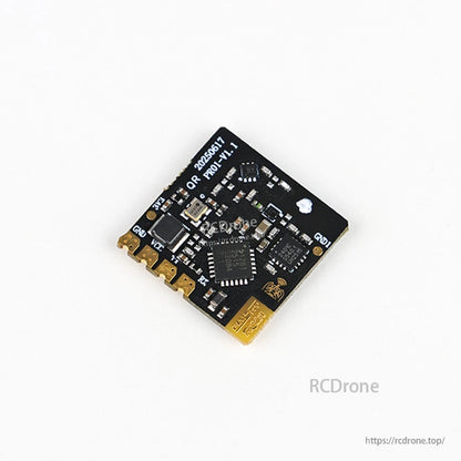 Angled view of FLYSKY PR01 ELRS receiver board showing components and gold solder pads