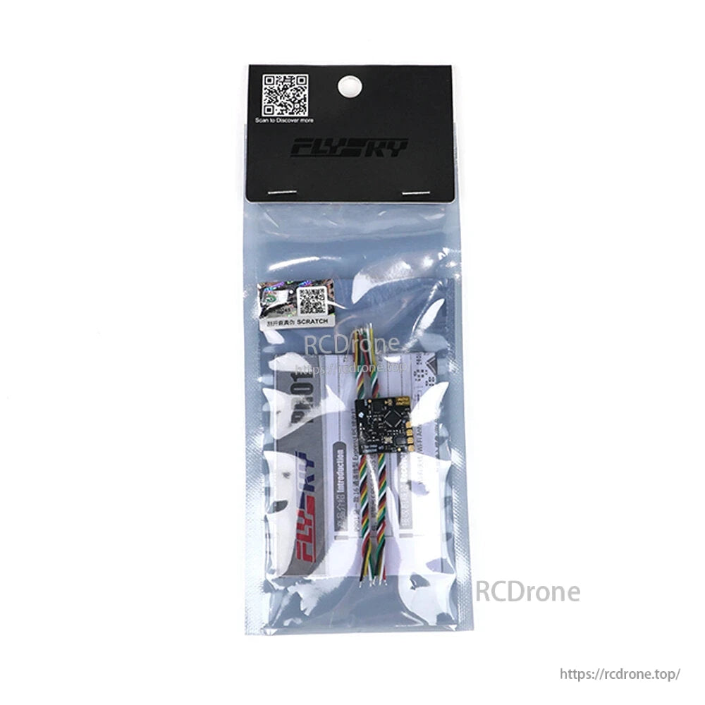 Retail blister bag front with FLYSKY header card, PR01 receiver, and wiring harness inside