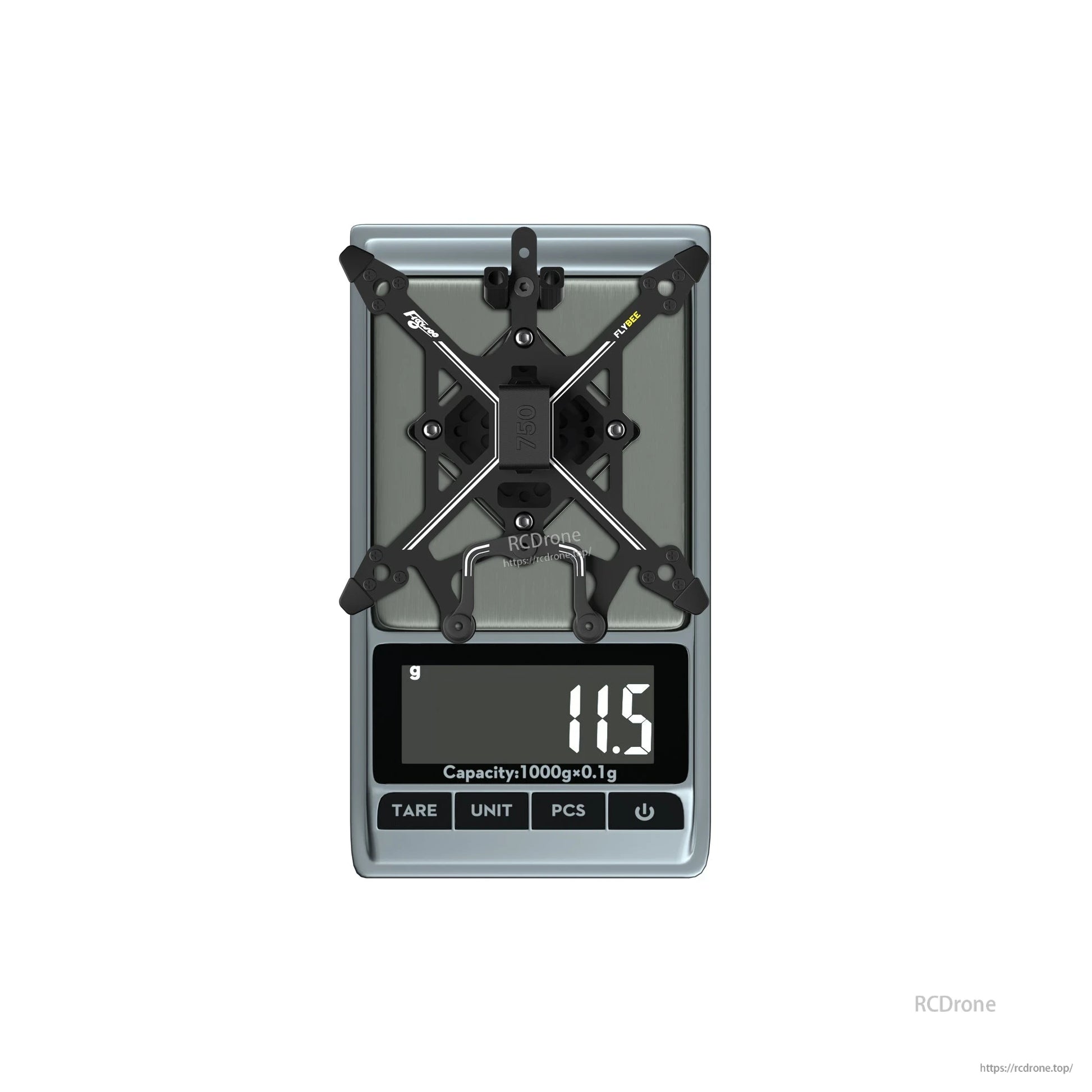 FLYWOO Flybee 16/20 FPV Frame, FLYWOO Flybee FPV drone frame on a digital scale showing 11.5 g weight, with X-style carbon plate layout