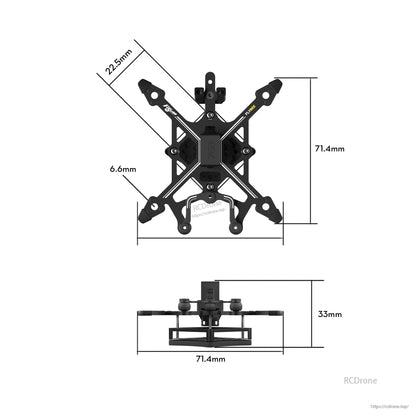 Top and side view of FLYWOO Flybee 16/20 FPV frame with labeled dimensions 71.4mm width and 33mm height