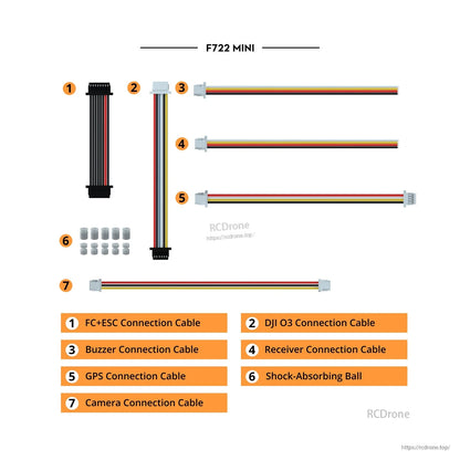 FLYWOO GOKU F722 Mini wiring harness set with FC-ESC cable, DJI O3, buzzer, receiver, GPS, camera leads and grommets
