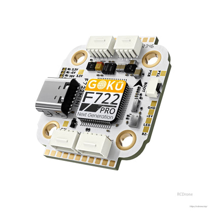 FLYWOO GOKU F722 Pro Mini V2 flight controller board with USB-C port, plug connectors, and BOOT button