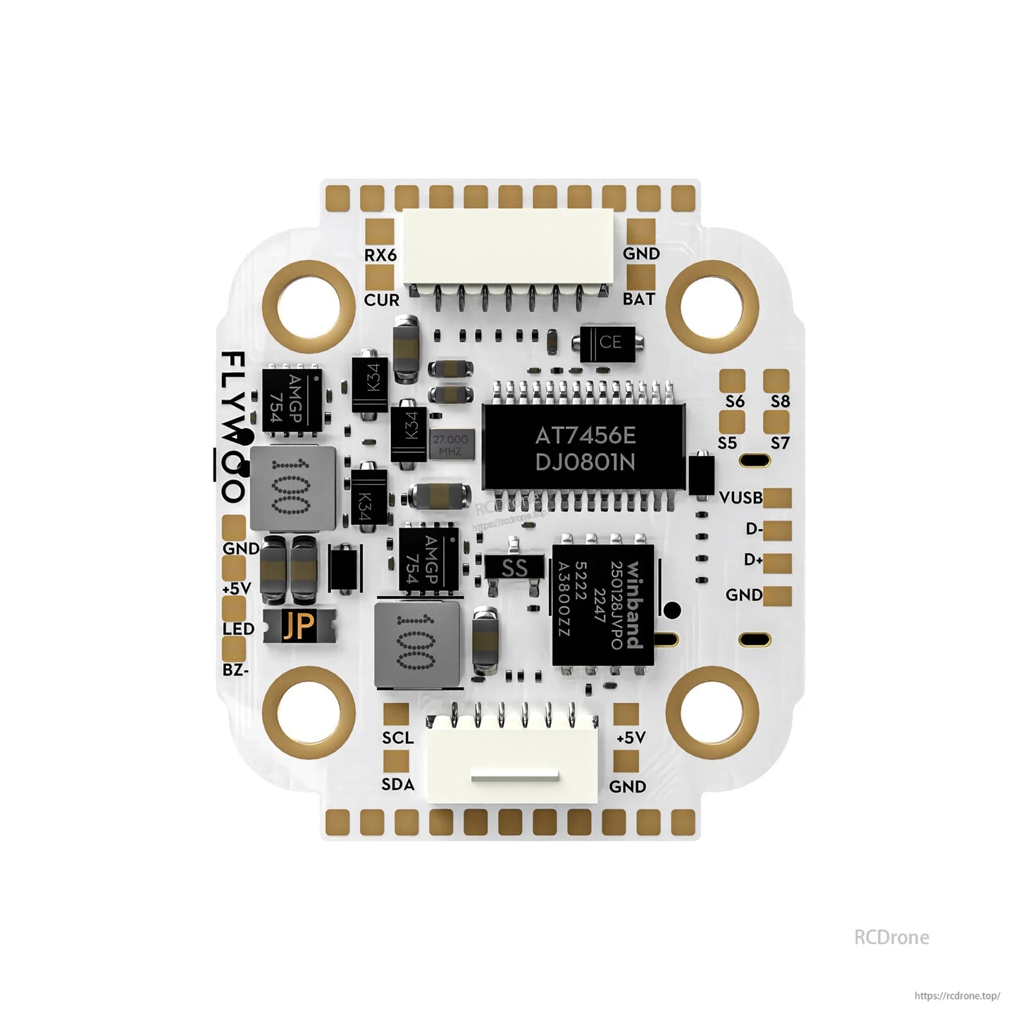FLYWOO GOKU F722 Pro Mini V2 flight controller board with labeled pads, JST plugs, and gold mounting holes