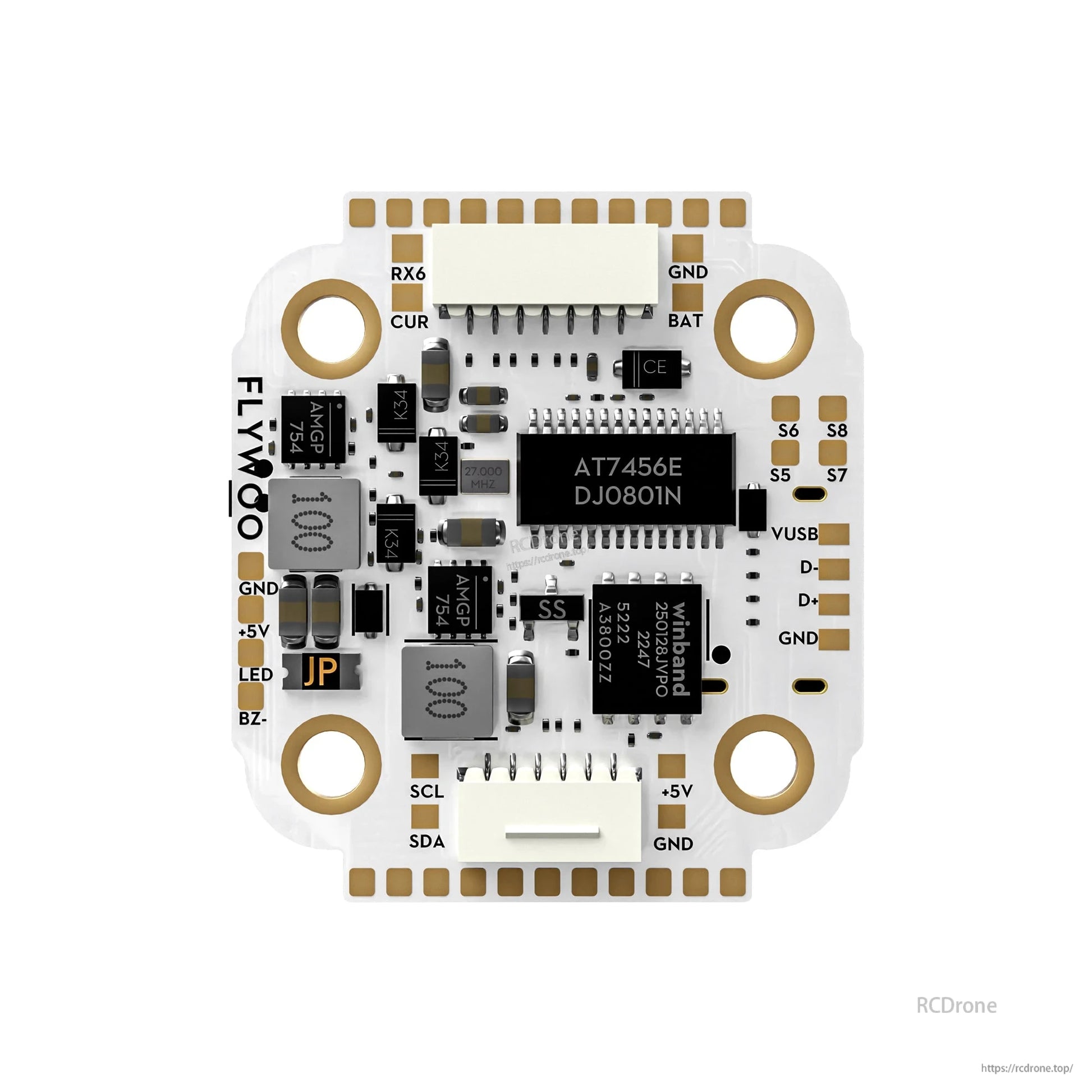 FLYWOO GOKU F722 Pro Mini V2 flight controller board with labeled pads, JST plugs, and gold mounting holes