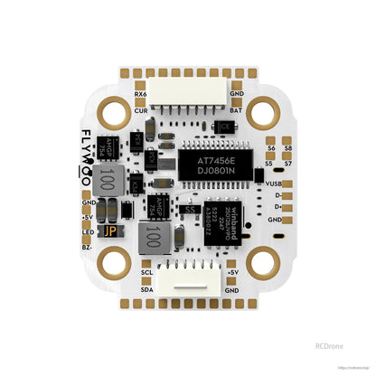 FLYWOO GOKU F722 Pro Mini V2 flight controller board with labeled pads, JST plugs, and gold mounting holes