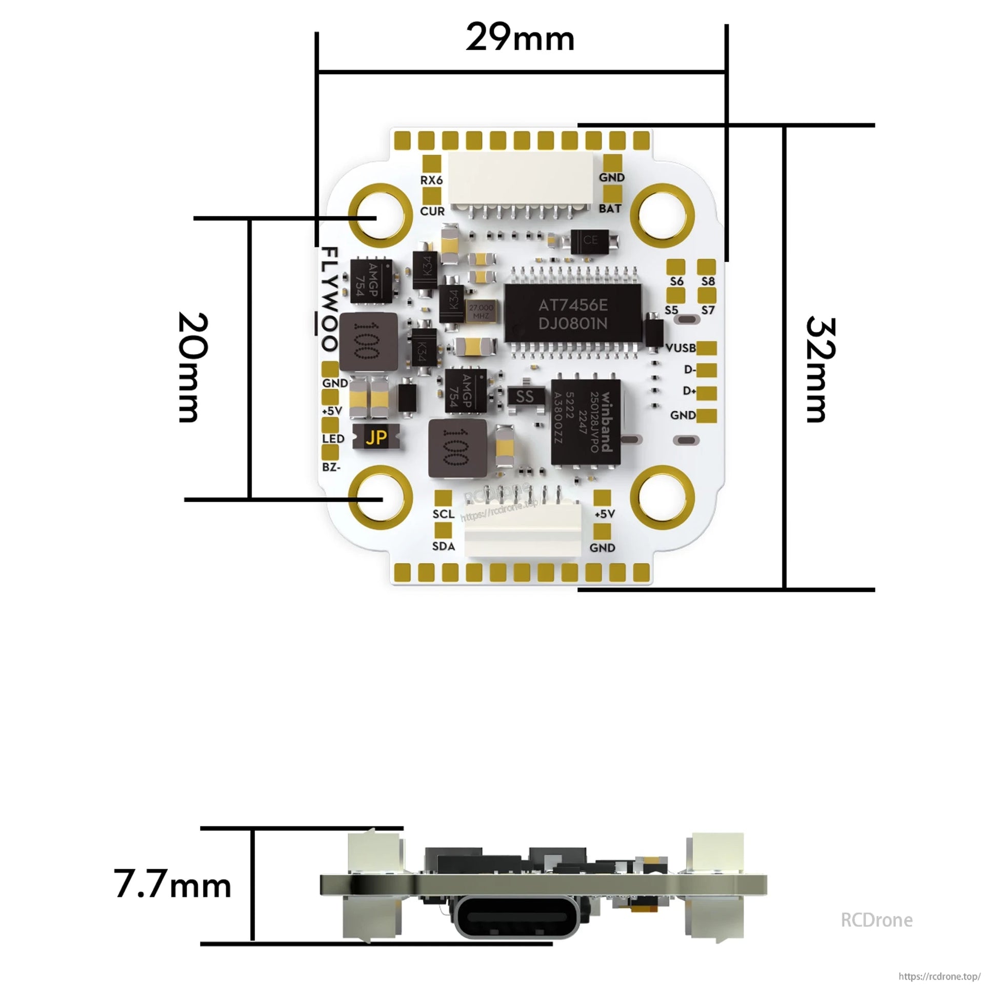FLYWOO GOKU F722 Pro Mini V2 20x20 flight controller board with USB-C port and labeled GND, BAT, 5V pads