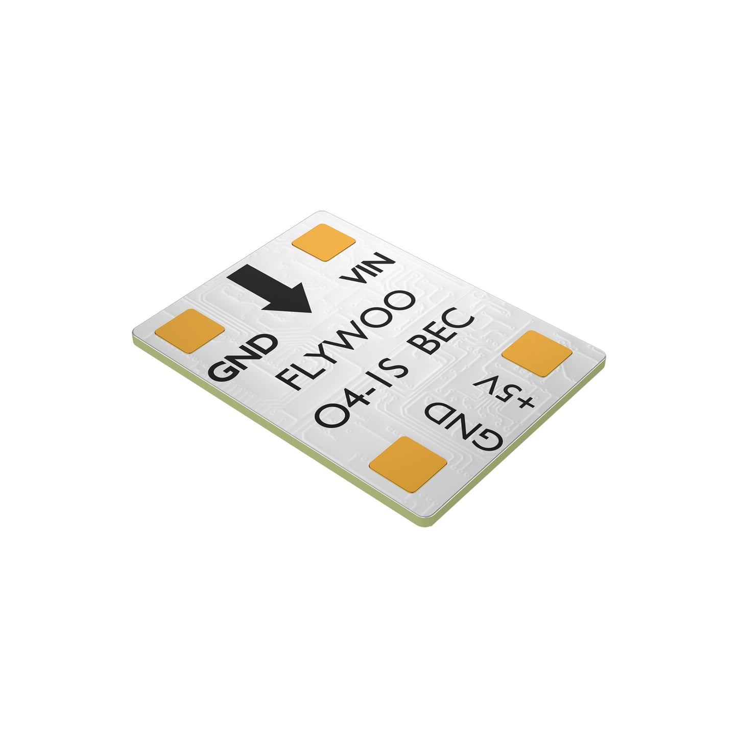 FLYWOO O4 1S 5V/3A BEC, FLYWOO O4-1S BEC module PCB with labeled pads for VIN, +5V output, and GND connections