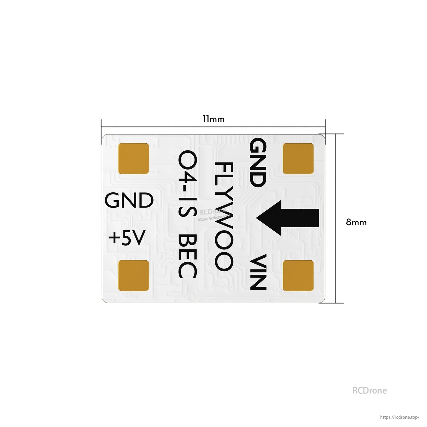 FLYWOO O4 1S 5V/3A BEC, FLYWOO O4-1S BEC module PCB with +5V, GND and VIN solder pads, 11mm x 8mm footprint for DJI O4 VTX builds