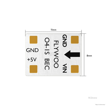 FLYWOO O4 1S 5V/3A BEC, FLYWOO O4-1S BEC module PCB with +5V, GND and VIN solder pads, 11mm x 8mm footprint for DJI O4 VTX builds
