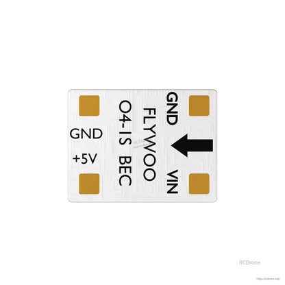 FLYWOO O4 1S 5V/3A BEC, FLYWOO O4-1S BEC module PCB with pads labeled GND, +5V, VIN and an arrow for orientation