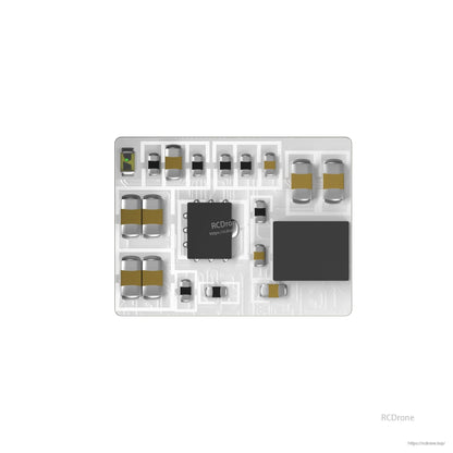 Close-up of a compact FLYWOO O4 1S 5V/3A BEC module PCB with surface-mounted components for DJI O4 VTX power.