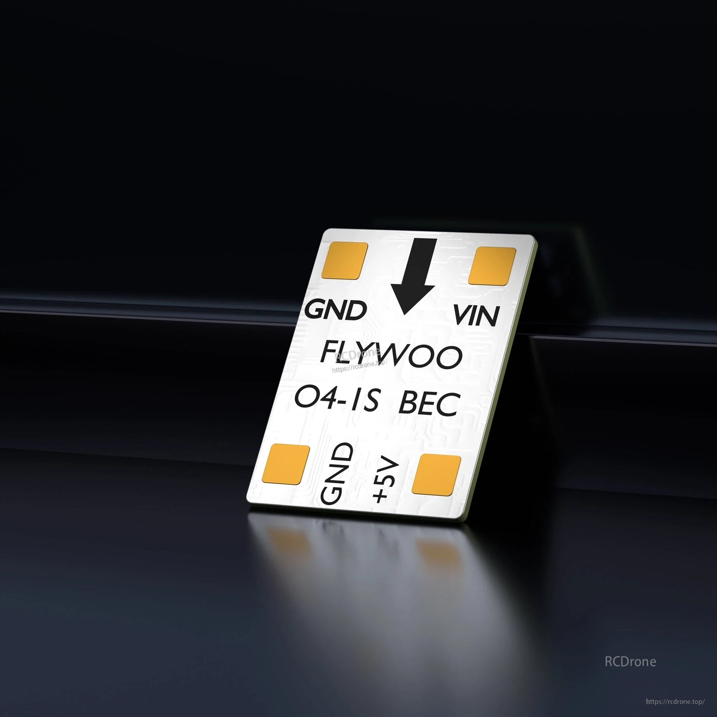 FLYWOO O4 1S 5V/3A BEC, FLYWOO O4-1S BEC module board with labeled solder pads for GND, VIN and +5V output
