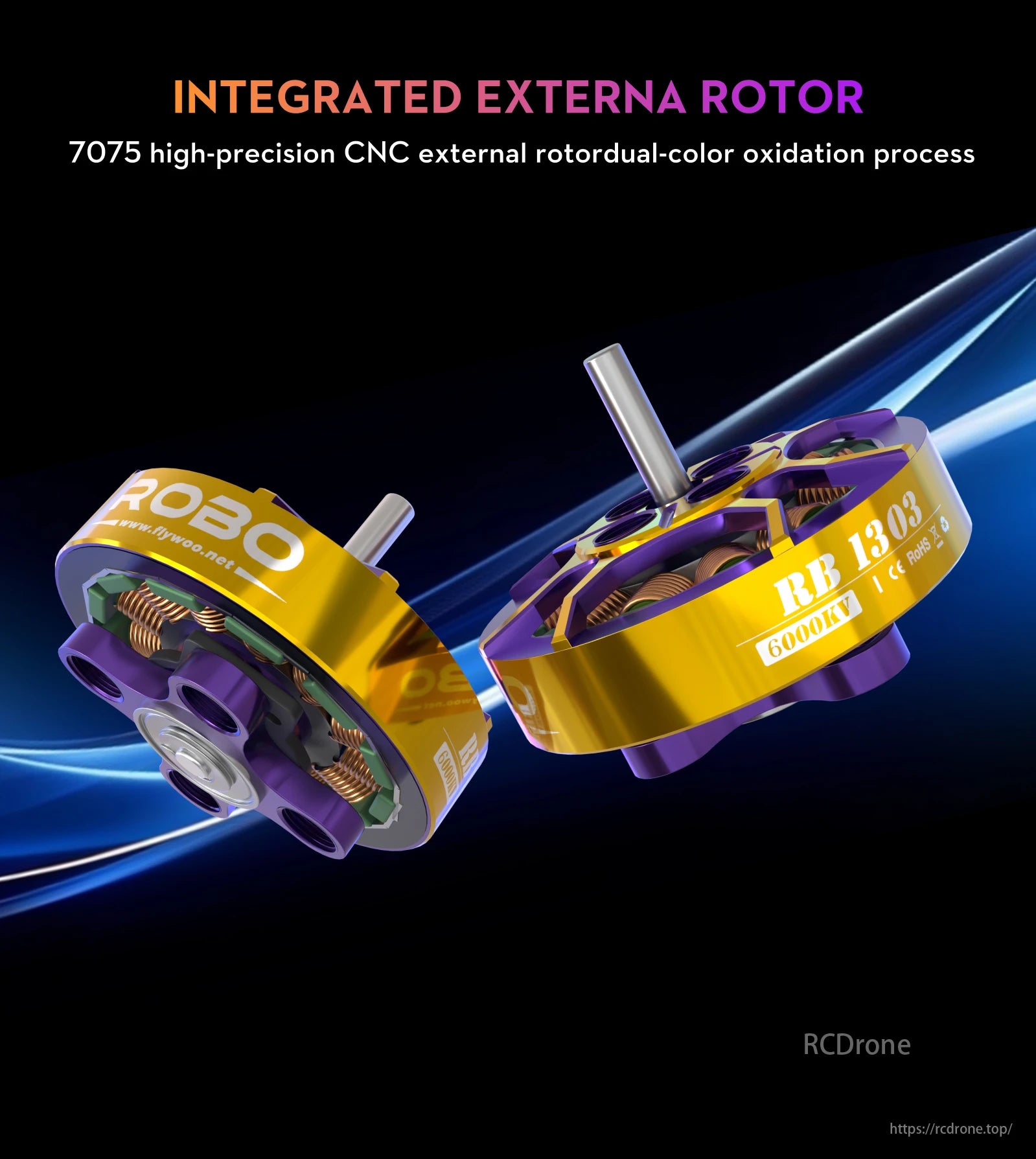 FLYWOO ROBO 1303 6000KV Brushless Motor, FLYWOO ROBO 1303 6000KV motor with external rotor, 7075 CNC dual-color oxidation for better performance.