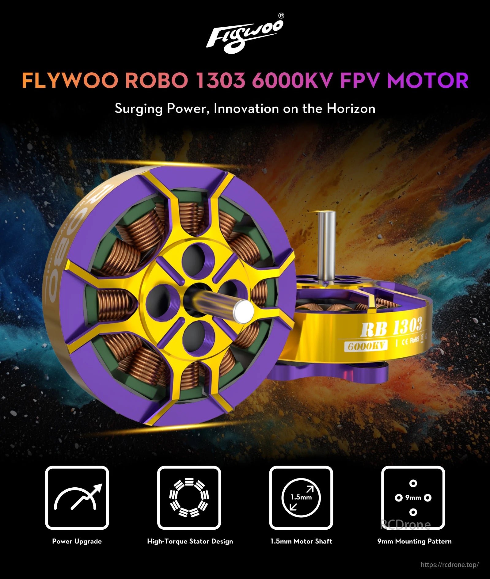 FLYWOO ROBO 1303 6000KV Brushless Motor, FLYWOO ROBO 1303 6000KV motor features high power, torque, 1.5mm shaft, and 9mm mounting pattern for superior performance.
