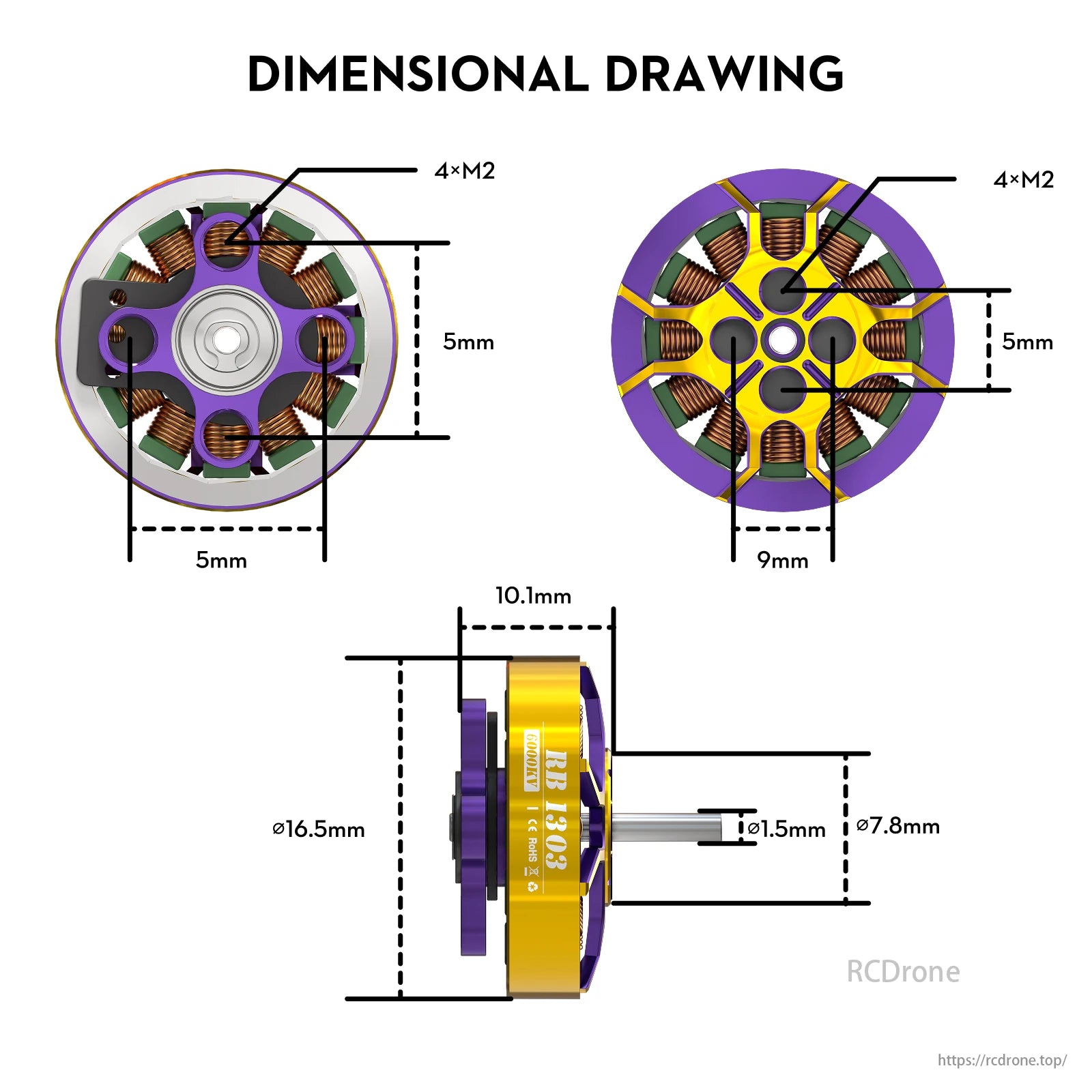 FLYWOO ROBO 1303 6000KV Brushless Motor, FLYWOO ROBO 1303 6000KV motor features: 16.5mm diameter, 10.1mm length, 4xM2 screws, and 5mm/9mm internal specifications.