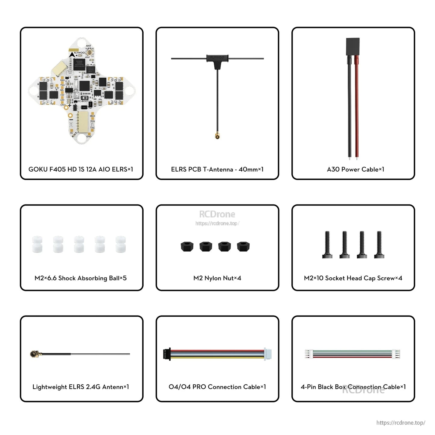 Flywoo GOKU F405 HD 1S 12A AIO FC/ESC kit with ELRS antennas, A30 power lead, screws, nuts, and cables