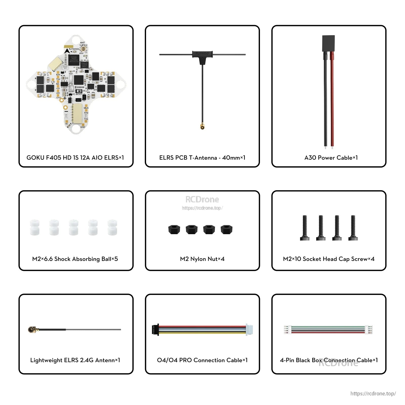 Flywoo GOKU F405 HD 1S 12A AIO FC/ESC kit with ELRS antennas, A30 power lead, screws, nuts, and cables