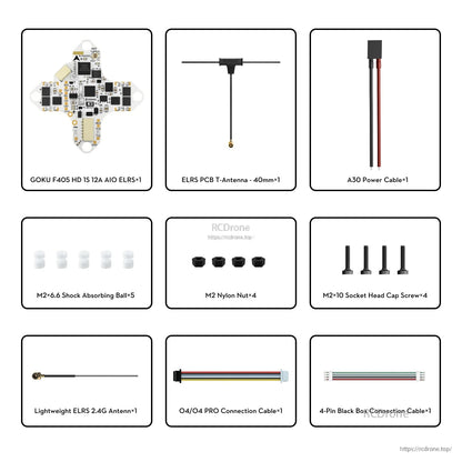 Flywoo GOKU F405 HD 1S 12A AIO FC/ESC kit with ELRS antennas, A30 power lead, screws, nuts, and cables