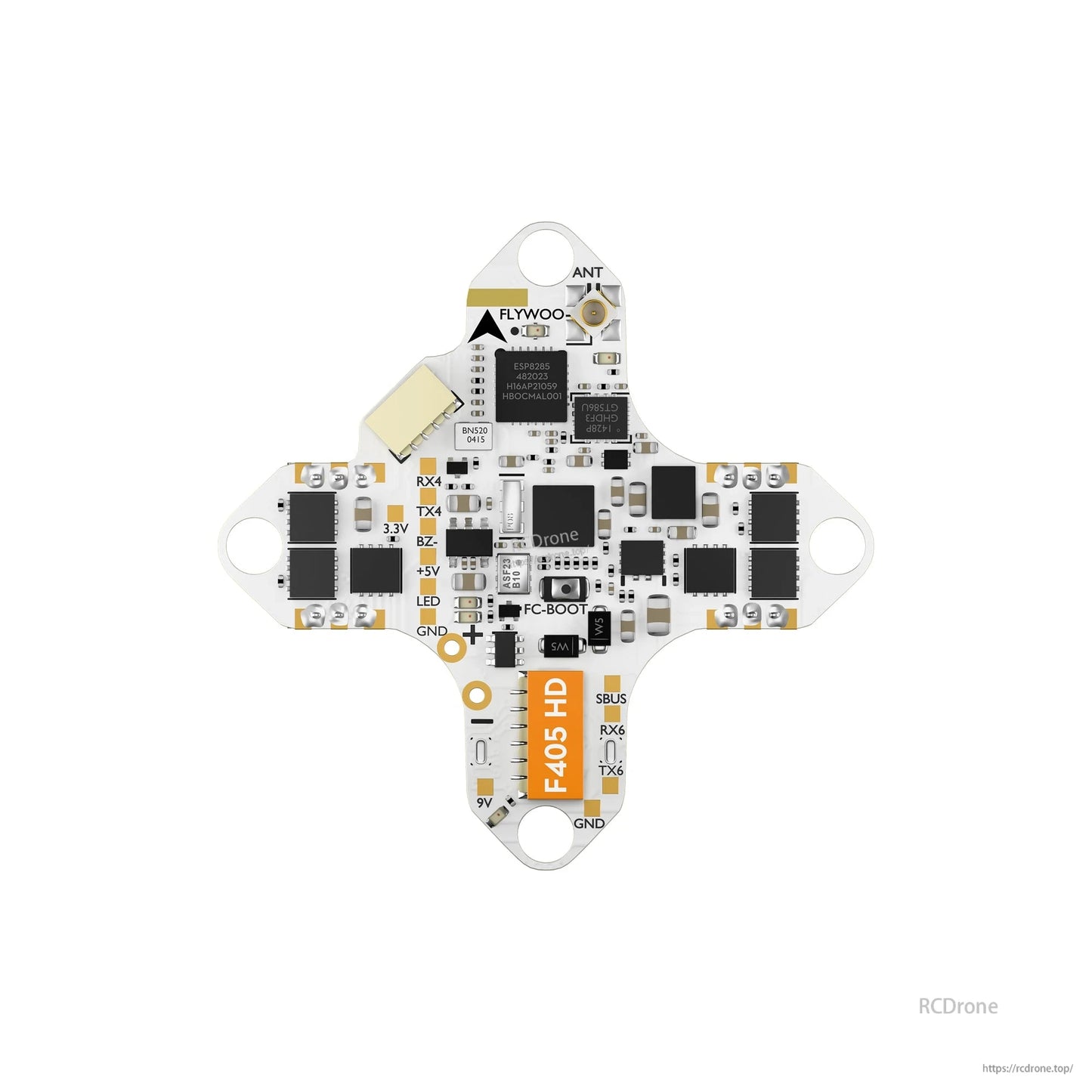 Flywoo GOKU F405 HD 1S AIO flight controller/ESC board with ANT U.FL, FC-BOOT button, and labeled RX/TX pads