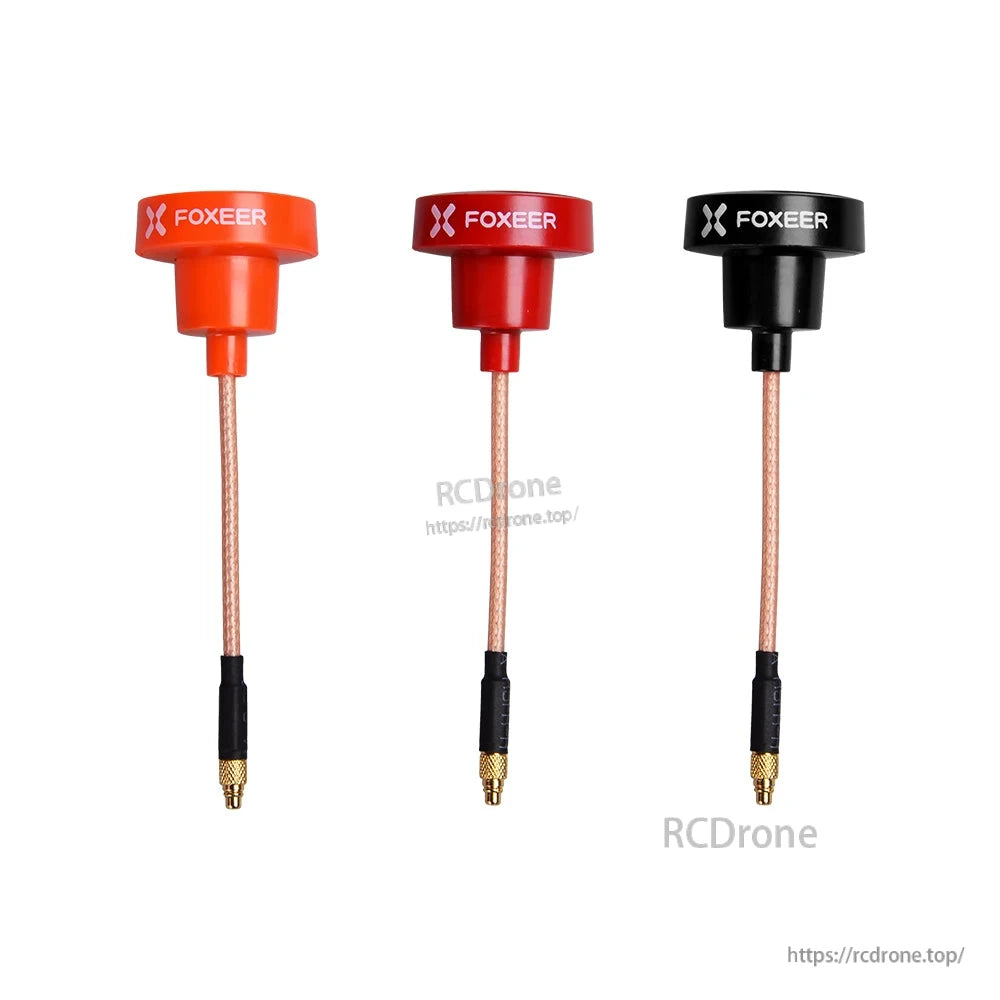 FOXEER Pagoda PRO 5.8G RHCP omni FPV antenna with compact cap and long coax lead, shown in three colors