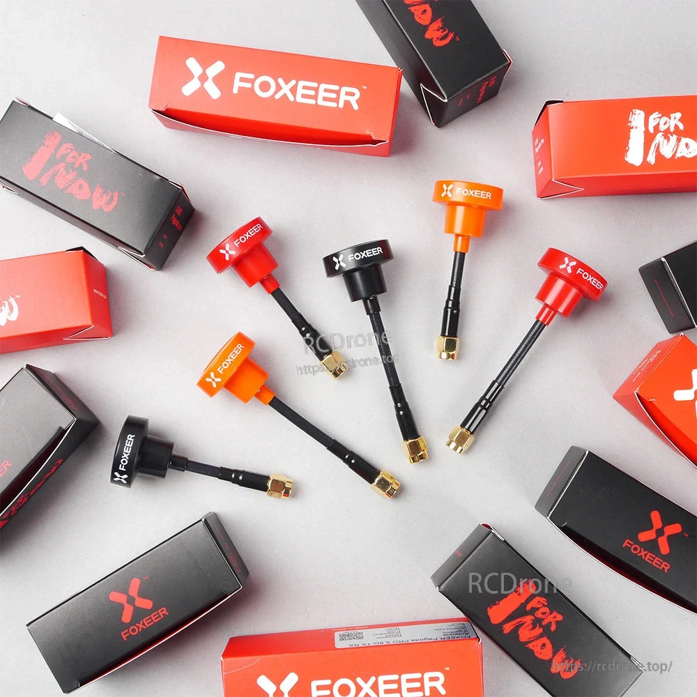 FOXEER Pagoda PRO 5.8G RHCP Omni FPV Antenna, FOXEER Pagoda Pro FPV antennas with short coax leads and gold SMA-style connectors in red, orange, and black