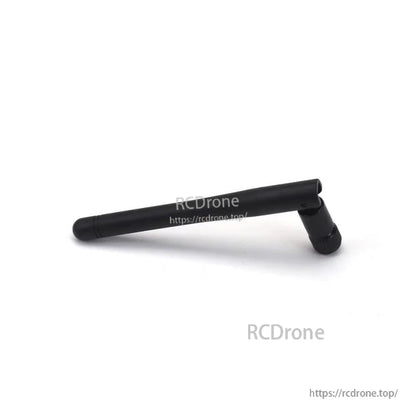 Black stick antenna with swiveling right-angle connector, low side profile view on white background