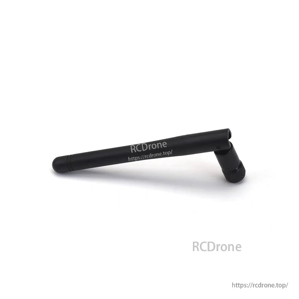FPV 4.9G / 5.8G stick antenna in black with printed branding, angled view with right-angle base