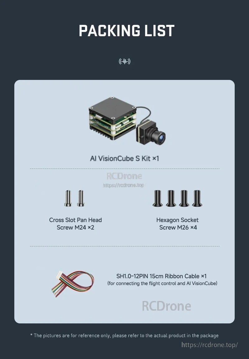 FPV AI Camera, Includes AI VisionCube S Kit, screws (2 M24 cross slot, 4 M26 hexagon), and 1 SH1.0-12PIN 15cm ribbon cable for flight control.