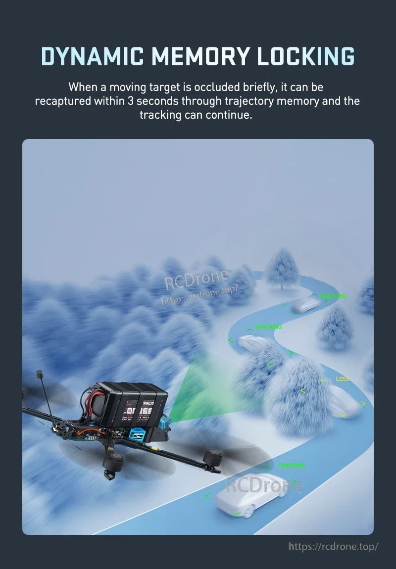 FPV AI Camera, Dynamic memory locking tracks moving targets and recaptures them within 3 seconds after brief occlusion using trajectory memory.