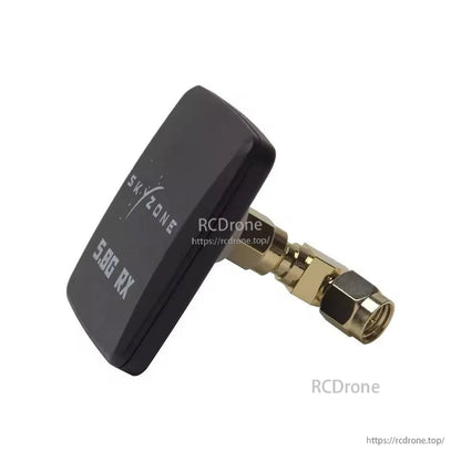 Black 5.8G RX patch antenna angled view with right-angle SMA adapter installed