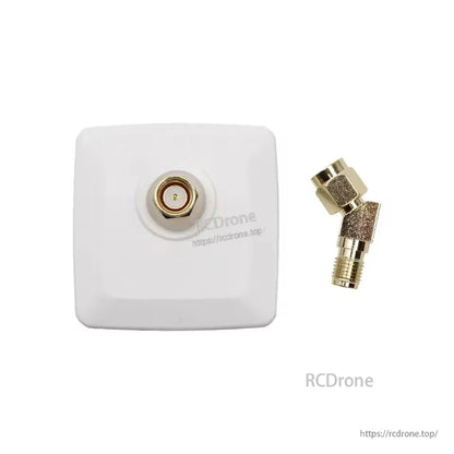Back of white patch antenna showing connector port, plus separate right-angle SMA adapter