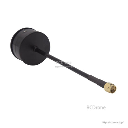 Black mushroom antenna rear angle with long cable and SMA connector close-up
