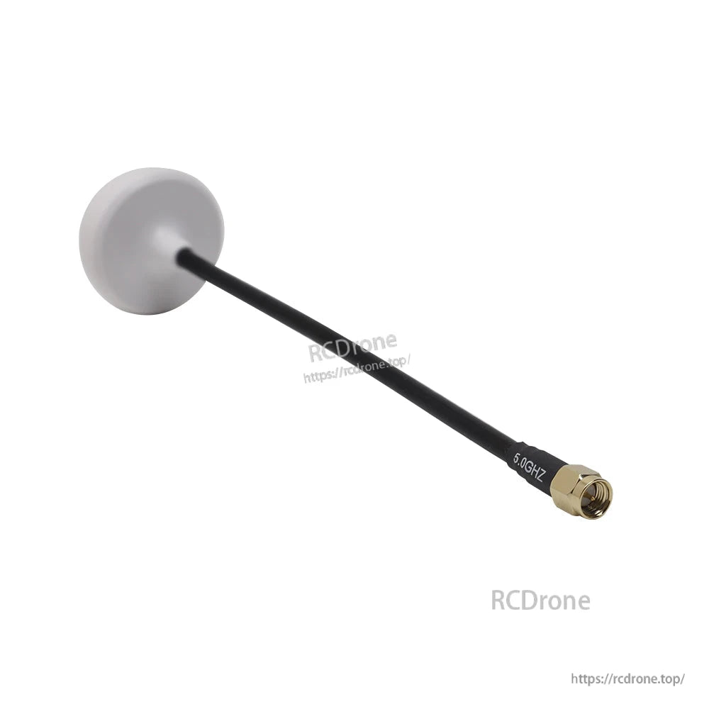 White mushroom-style antenna with long coax lead and SMA connector, angled side view