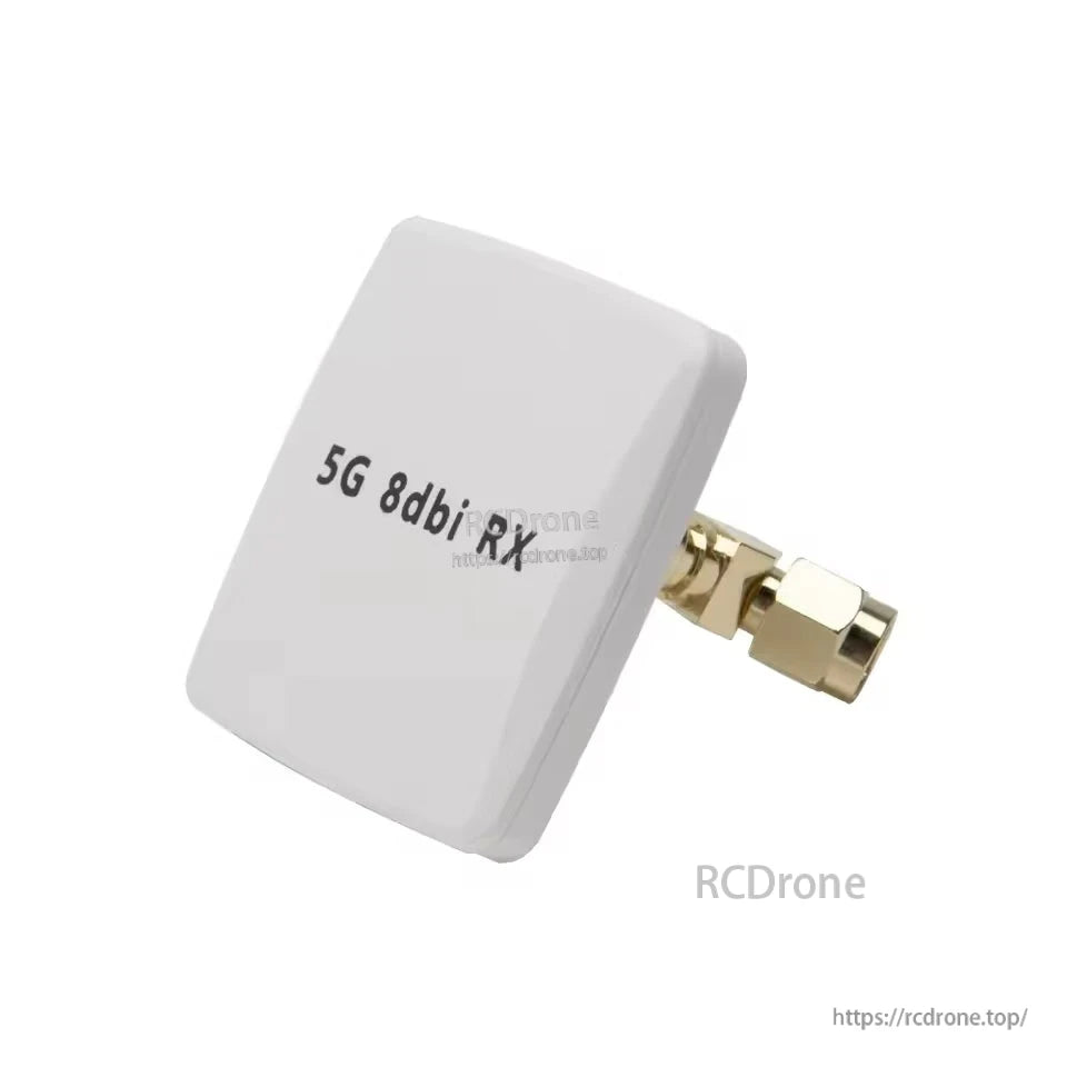 White 5G 8dBi RX patch antenna with right-angle SMA adapter attached