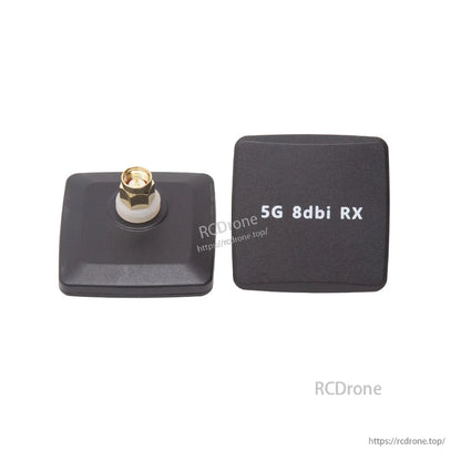 Square 5G 8dBi RX patch antenna shown front and back, connector mount visible