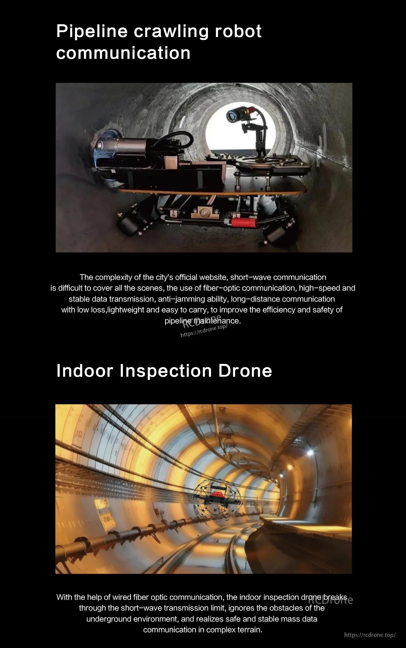 FPV Fiber Optic Relay, Pipeline robots and indoor drones use fiber-optic communication for fast, stable data transfer, ensuring efficient, safe maintenance in complex underground environments. (24 words)
