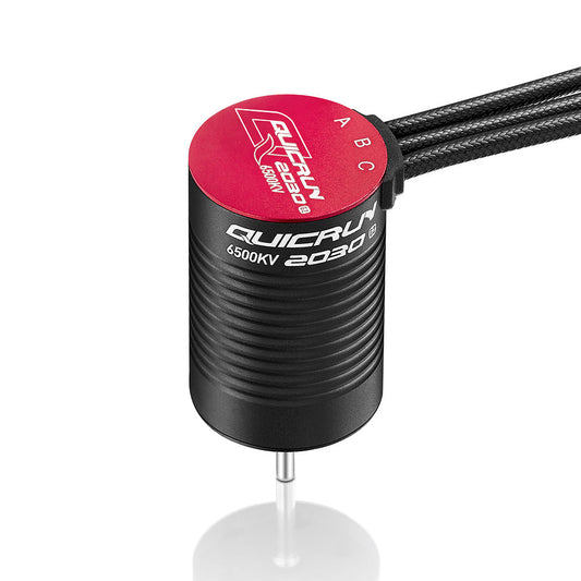 Hobbywing QUICRUN 2030 G2 6500KV brushless motor with red end cap, A/B/C phase wires, and output shaft
