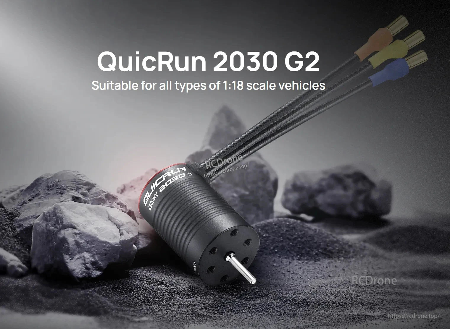Hobbywing QuicRun 2030 G2 1/18 scale brushless motor with three color-coded bullet connectors
