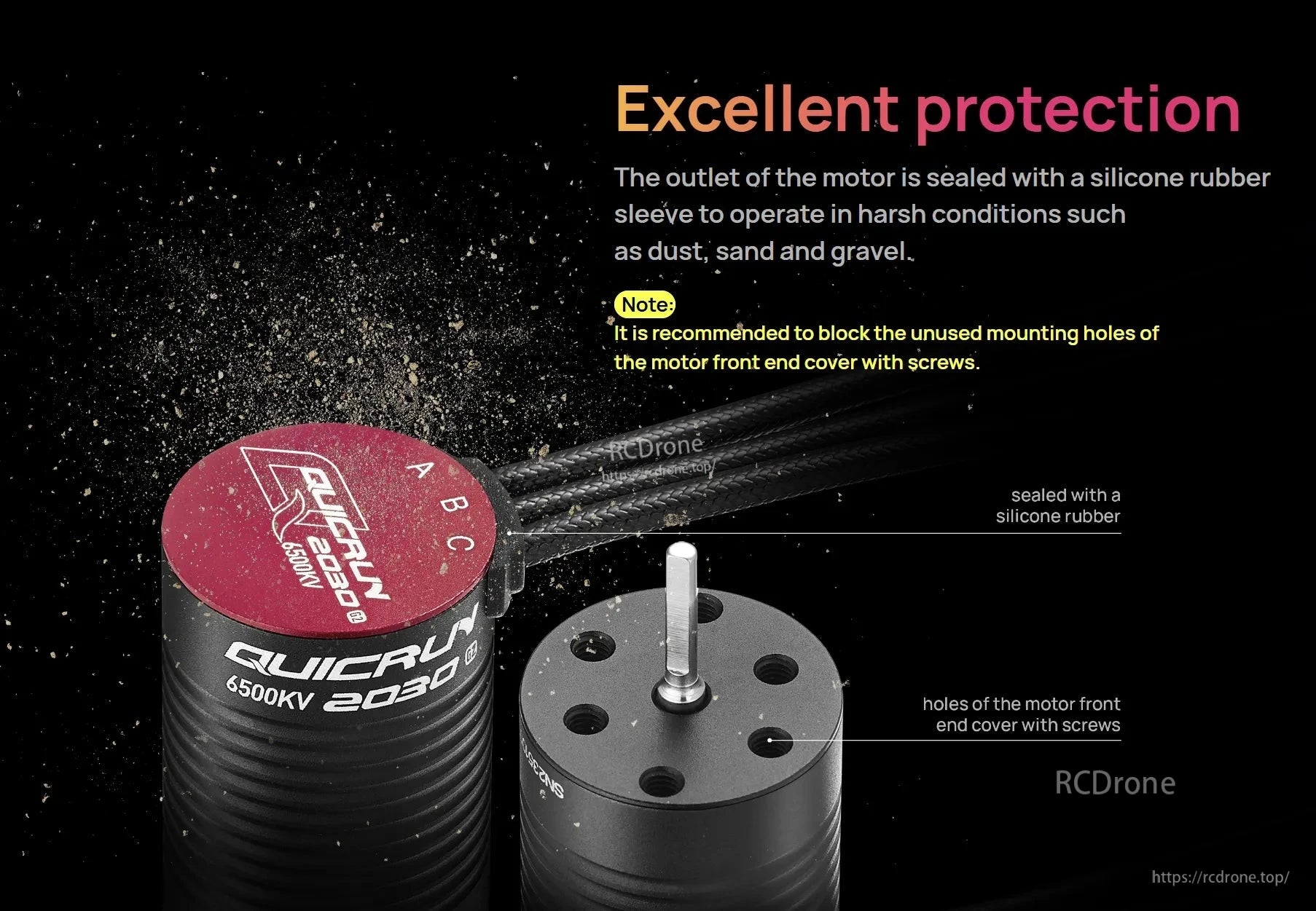 Hobbywing QUICRUN 2030 G2 brushless motor with silicone-sealed wire outlet and front cover mounting holes